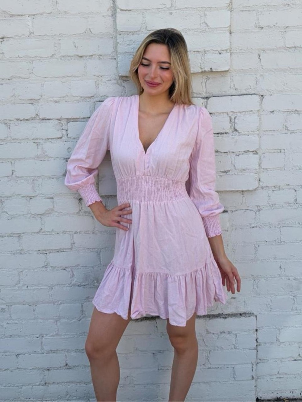 Zara Pink linen mini long sleeve ruffled dress sz XS #boho #girly #babydoll #cot